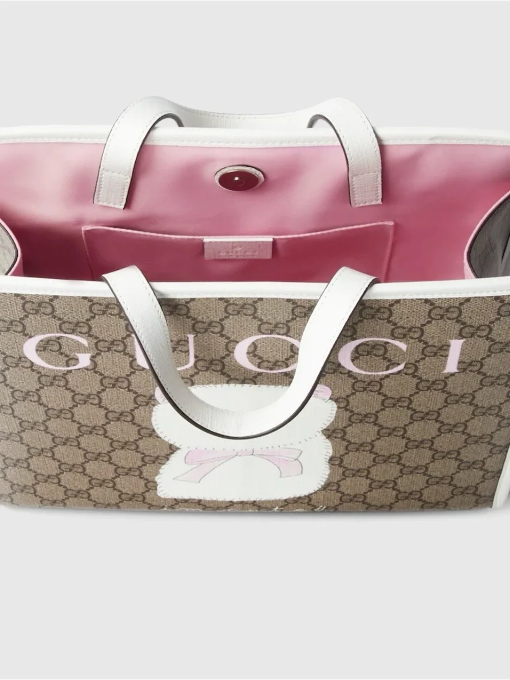 Gucci Brown GG Supreme Tote with White Cat and Pink Accents